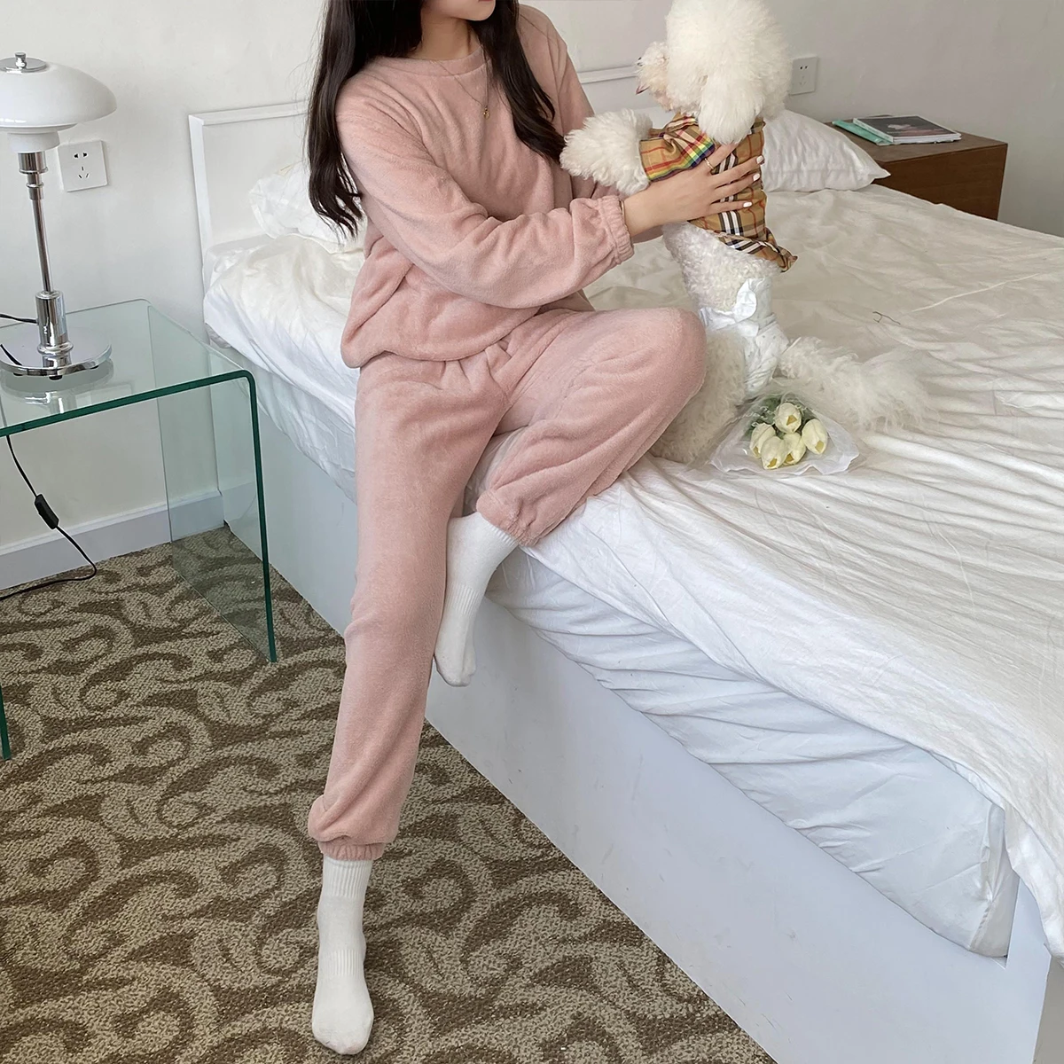 Women Girl Autumn Winter Coral Fleece Pajamas Fashion Solid Color Sleepwear Clothes