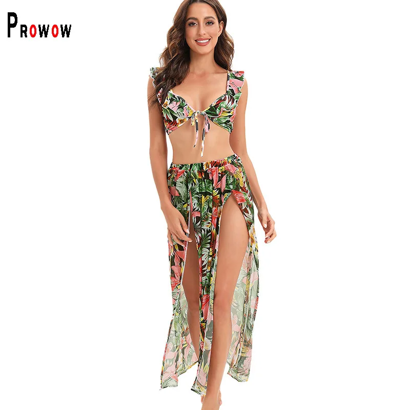 

Prowow Women Beach Outfits Flower Print Bikinis Set Skirt Cover-ups Three Piece Bathing Swimming Wear 2022 New Summer Swimsuits