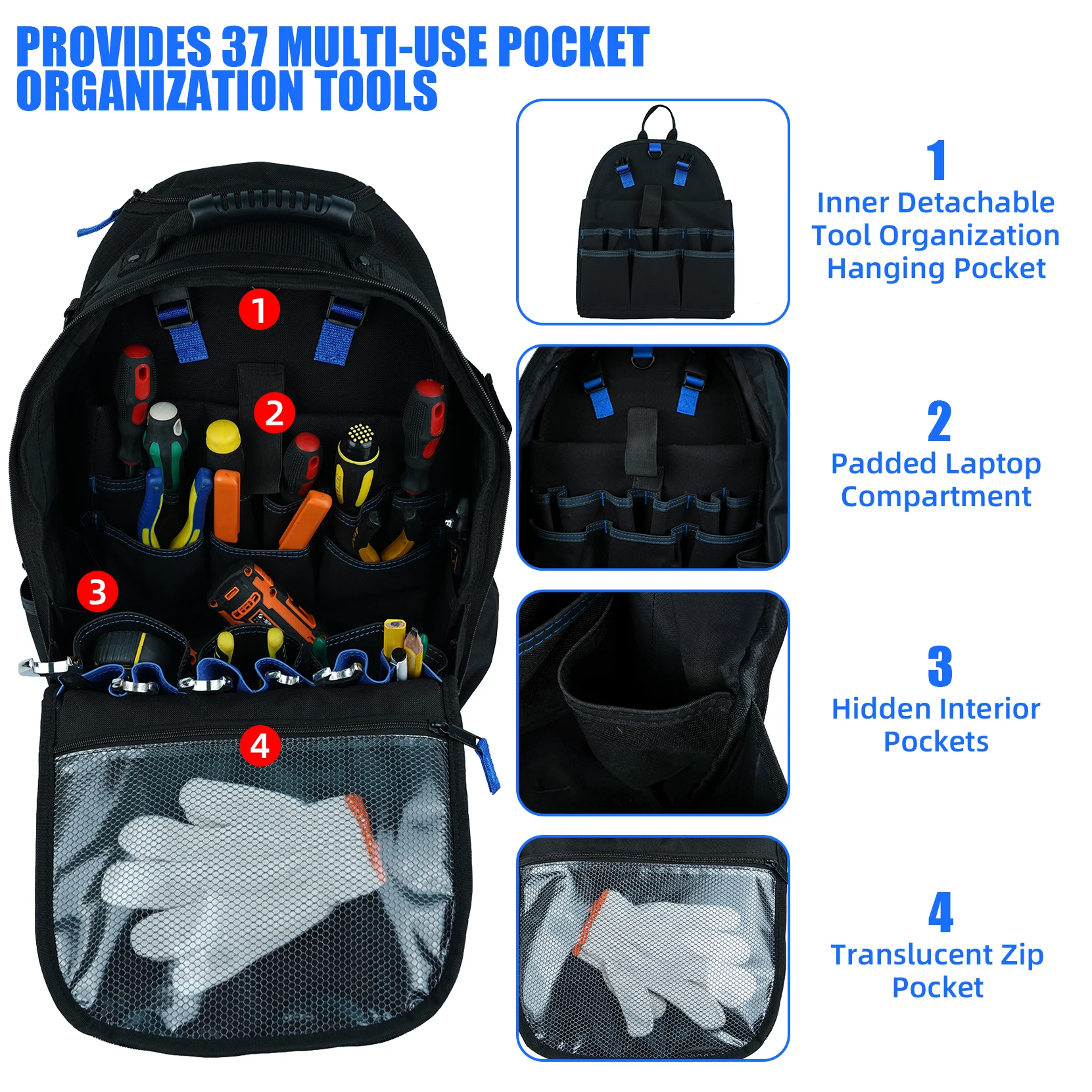 Рюкзак KUNN для вращающихся инструментов сумка тяжелых с колесами 37-Pocket и широкими