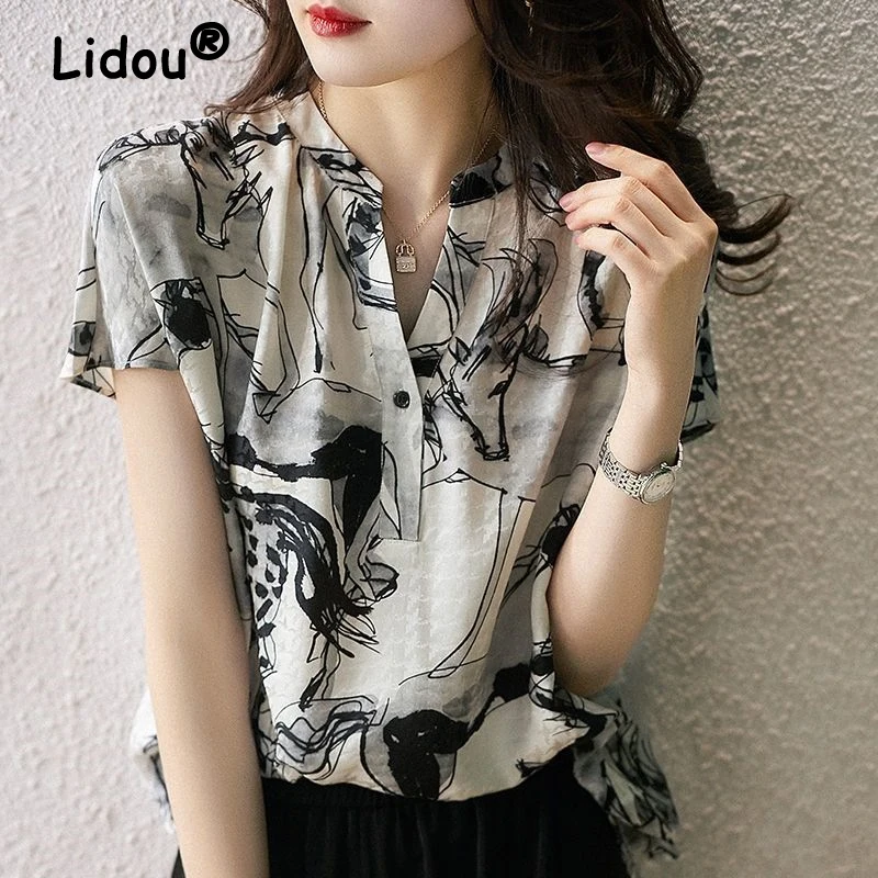 

Women Vintage Print Harajuku Y2K Blouse Summer Trendy V Neck Short Sleeve Chiffon Shirt Casual Loose Chic Tops Blusas Mujer 2023
