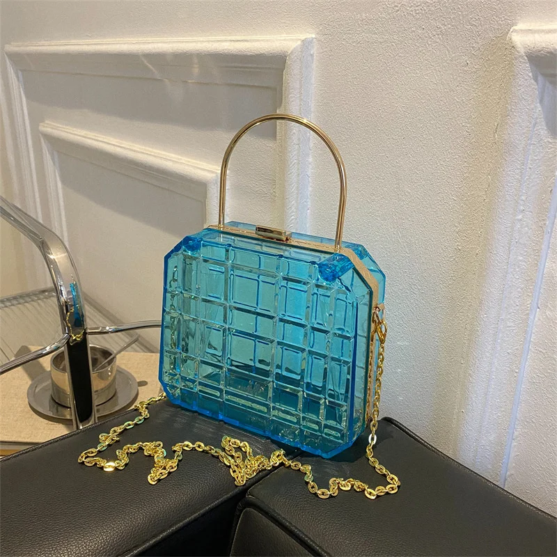 

Transparent Box Women Handbags With Metal Handle Designer Clear Pvc Shoulder Crossbody Bags Luxury Evening Clutch Purse
