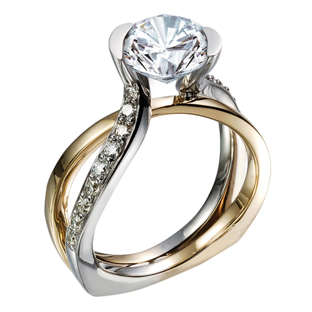 

Huitan Luxury Solitaire Round CZ Rings for Women Fashion Two Tone Cross Elegant Female Engagement Proposal Trendy Jewelry