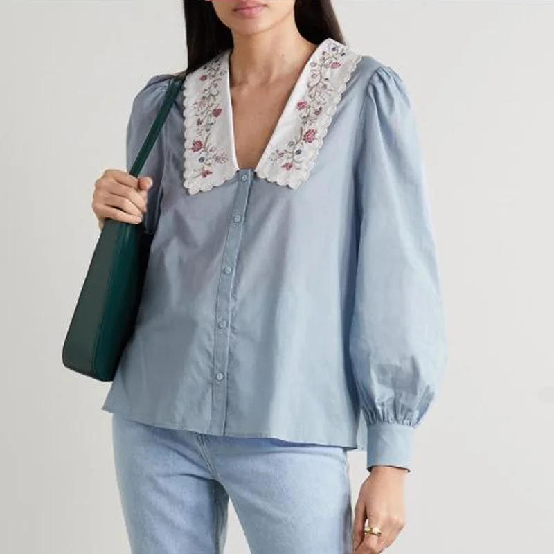 

Ri Blue Flower вышитая кукла воротник Свободный Топ винтажная рубашка Бесплатная доставка Бренд 2022 Весна и лето новое поступление