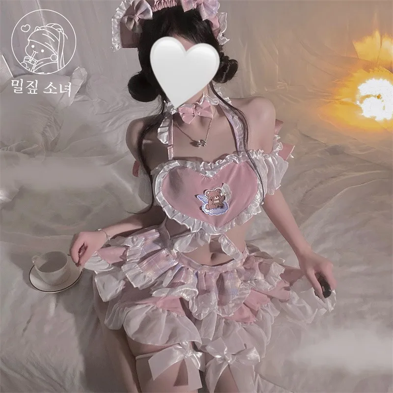 Розовая женская униформа горничной в форме сердца с оборками женское