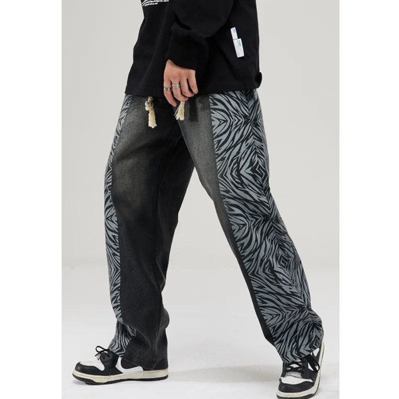 Streetwear Men Patchwork Leopard Print Recreational Jeans Sense of Design Vintage Black Printing Straight Pants Autumn Female