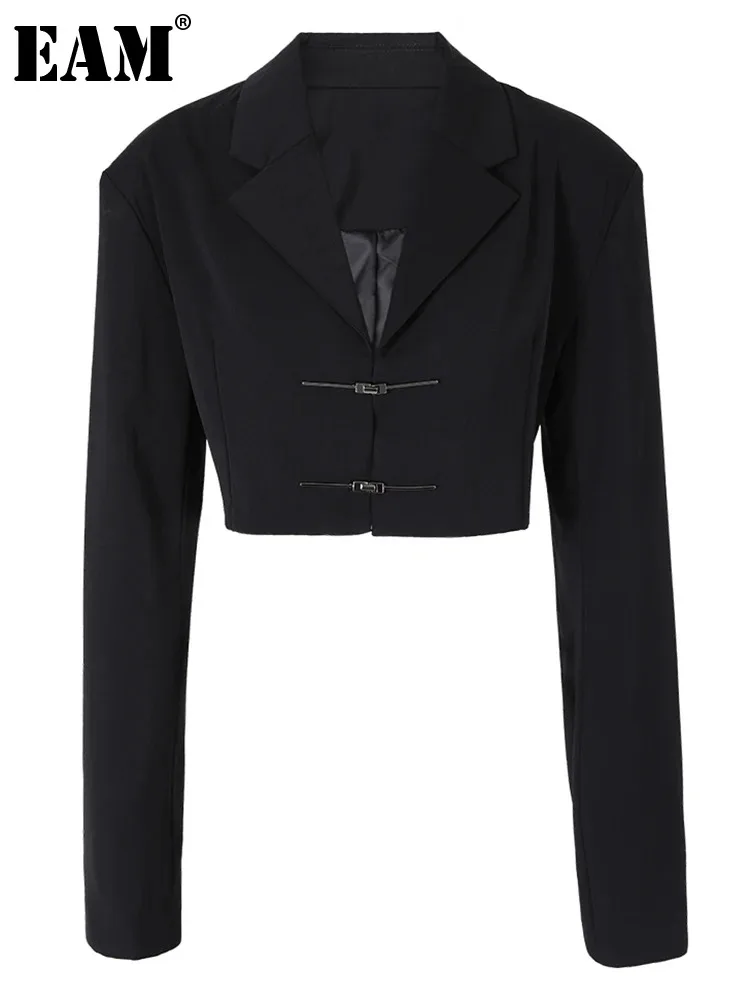 

[EAM] женский черный короткий Блейзер с отворотом, длинный рукав, свободный крой, модная куртка, весна-осень 2023 1DH2423