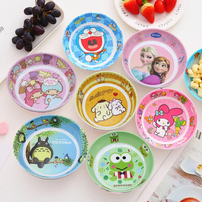 

Мультяшные аниме Kittys Melody Poms Purin Frog Gemini Doraemon Frozen, пятидюймовая тарелка с сопротивлением падениям, фруктовая тарелка, детский праздничный пода...