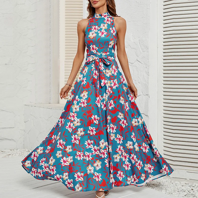 

Summer Women's 2023 New Dress Print Halter Neck Waist Elegant Vintage Temperament Style
