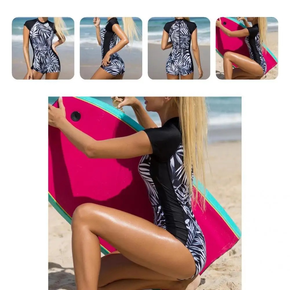 

Stylish Lady Monokini Round Neck Lightweight One-piece Bikini Leaf Print Stitching Summer Women Monokini
