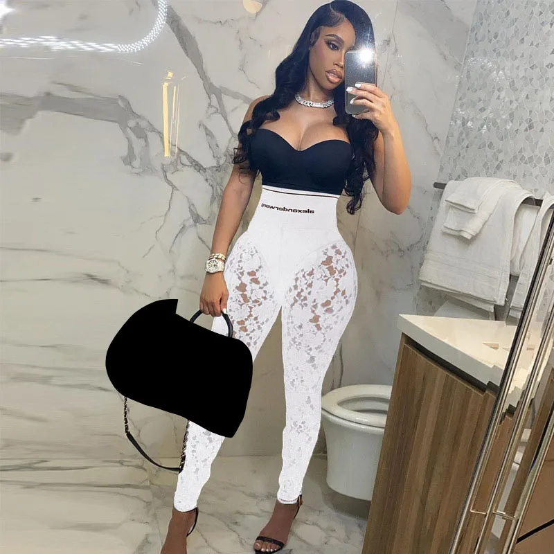 

KEXU Zipper Side Legging Women High Waist Pants Sexy Party Clubwear Black White Lace See Though Trousers Fashion Streetwear