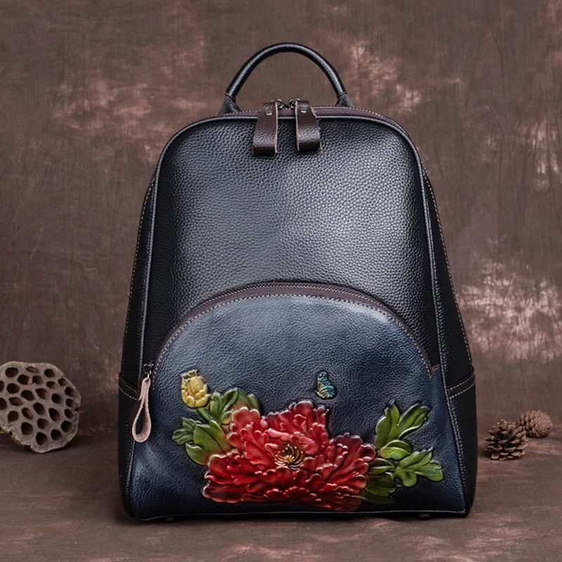 

Women Backpack Camputer Book Bag Satchel Genuine Leather Embossed Rucksack Flower Retro Travel Designer Female School Bag
