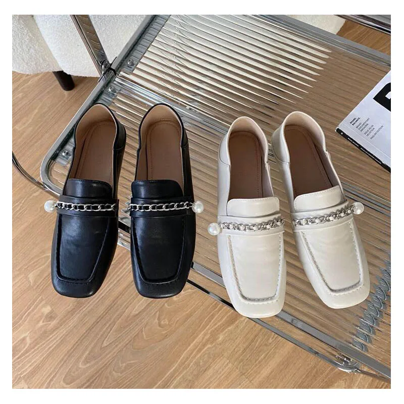 

Women Slip On Loafers Casual Concise Shoes Office Lady Square Toe Chains Pearls Flats Mules Ladies Black Spring