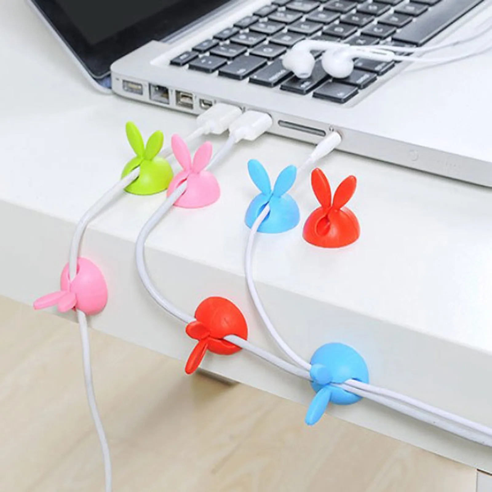 

4pcs Self Adhesive Hooks Cute Rabbit Ear Household Finishing Clip Desktop Hub Line Holder Winder Clips Cable Organizer Gadgets