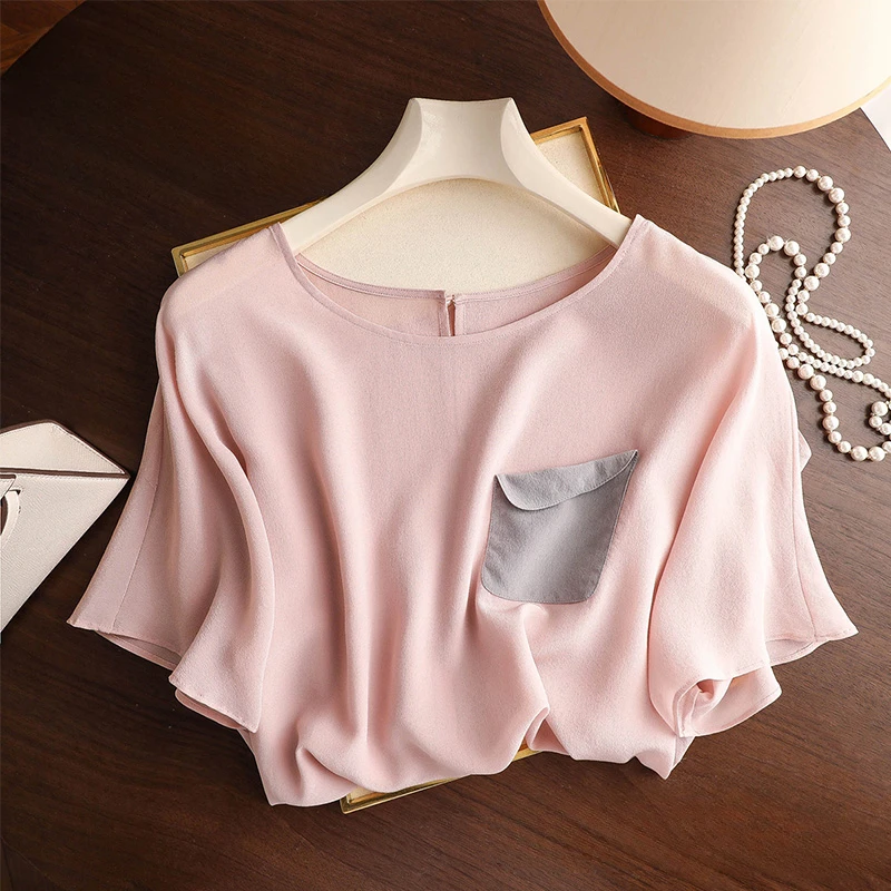 

Silk T-shirt Ladies Summer 2023 New Solid Loose Tees Short Sleeves Satin Top Korean O-neck Ladies Pockets Clothing YCMYUNYAN