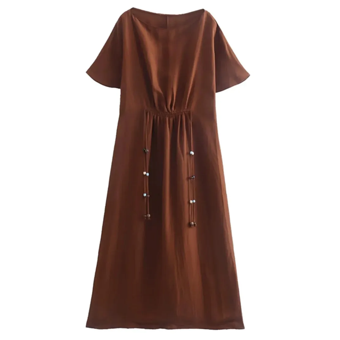 

Maxdutti Indie Folk Vintage Brown Dress Color Beading Tassles Loose Linen Dress Women