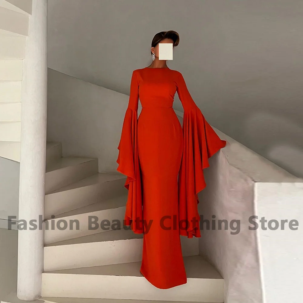

Simple Mermaid Evening Dress Crew-Neck Flare Long Sleeve Dubai Elegant Women's Draped Back Zipper Floor Length فستان سعودي