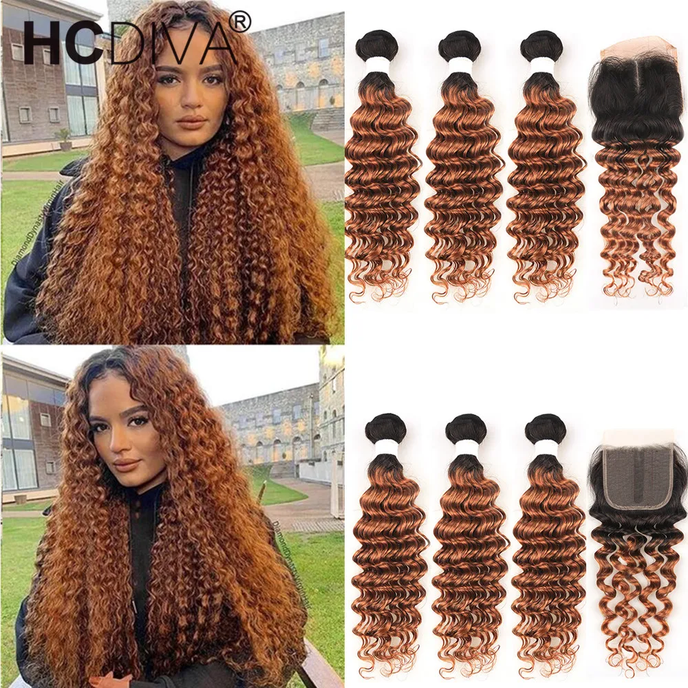 3 Bundles Deep Wave Hair Bundles With Closure T1B/30 Ombre 10A Brazilian Remy Human Hair Extension With 5*1 T Part Lace Closure