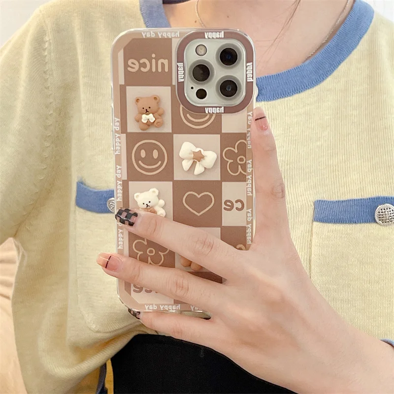 

Ins Korean 3D Sweet Bear Girl Gift Soft silicon Phone Case For iPhone 13 12 11 Pro Xs Max X Xr 7 8 Plus Retro Lattice Cover Capa