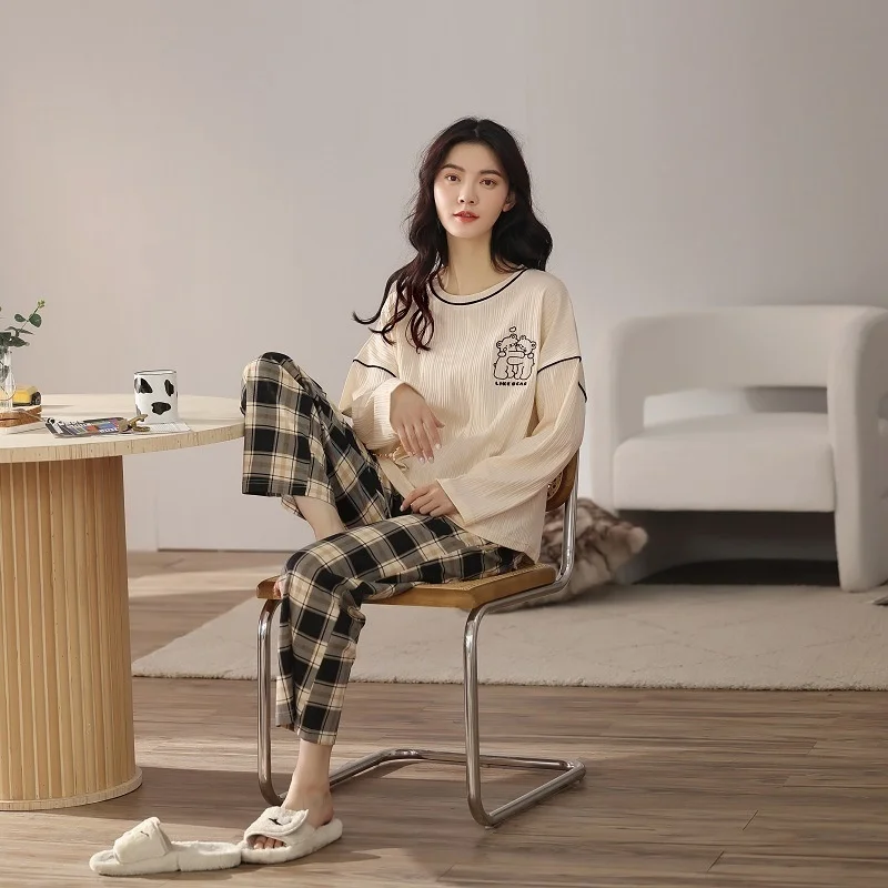 pajamas women's autumn  winter long sleeved trousers pure cotton sweet  lovely cartoon loose home clothes can be worn out suit