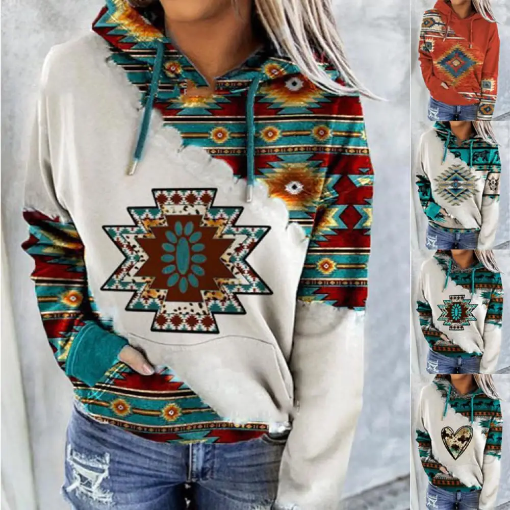 

2022Spring Fall Long Sleeve Ethnic Print Sweatshirt Women Street Loose Slouchy Hoodie with Pockets Large Size Pullover Ins Style