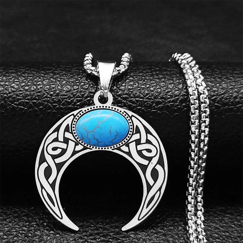 

Witch Irish Celtic Knot Crescent Moon Necklaces Viking Wiccan Protection Amulet Stainless Steel Blue Stone Necklace Jewelry Gift