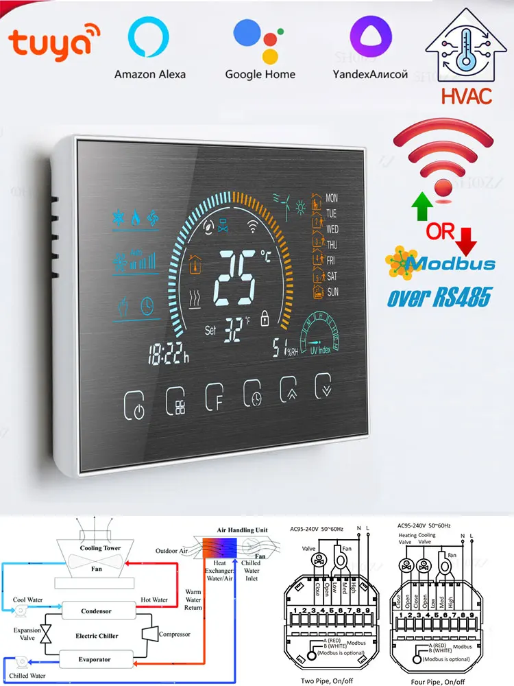 Программируемый термостат TUYA WIFI/RS485 Modbus RTU для управления 2/4-ходовым клапаном