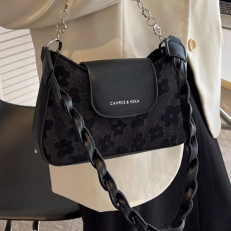 

Fashion Flap Crossbody Bag Trendy Flower Print Stylish Solid Color Women's Handbag 2022 New Quality Cloth Metal Chain Female Bag