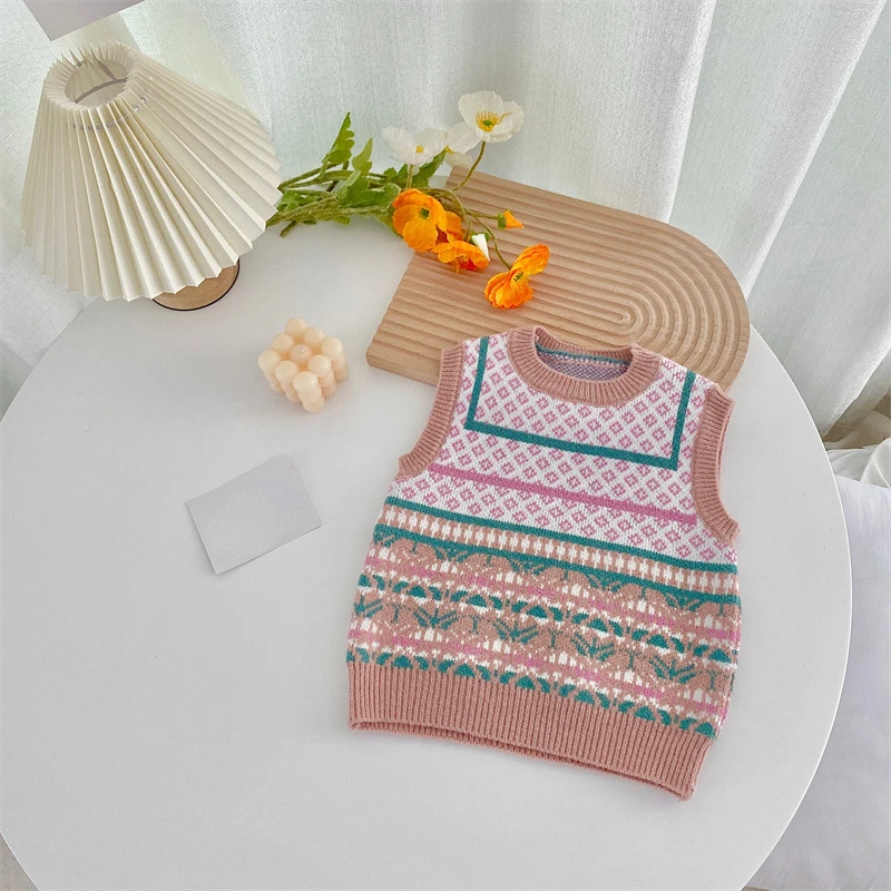 

Baby Girls Sleeveless Sweaters Autumn Baby Girls Print Knitted Vests New Children's Girls Cotton Causal Vests