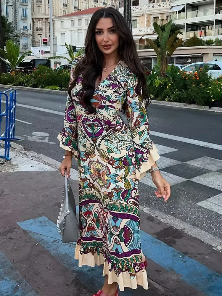 

PTYSIC Vintage Women Printed Midi Dress V-Neck With Ties Long Sleeve Contrast Ruffle Details For Holiday Streetwear