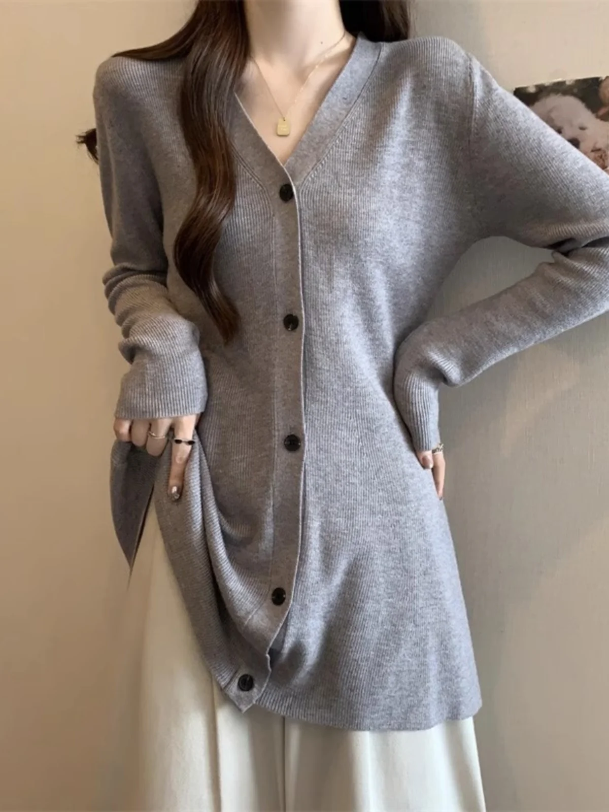 Plus size Autumn and Winter Long sleeve Design Sense Mid-Length V-neck Knit cardigan Women Chubby Girl Slimming Slim fit Bott...