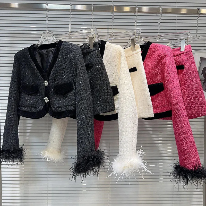 Женский комплект из двух предметов DEAT твидовая короткая куртка с манжетами и