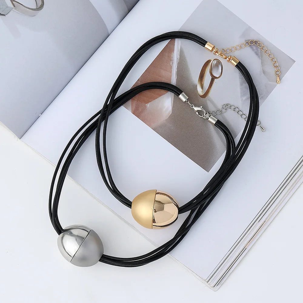 

Unique Design Fashion Jewelry Black Rope Leather Metal Ball Chokers Collar Necklace For Women gold necklace for women