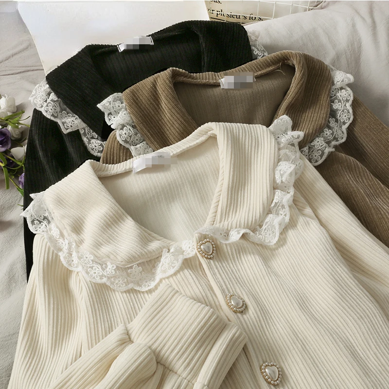 Korobov Korean Vintage Lace Patchwork Female Shirts Office Lady Elegant Peter Pan Collar Blusas Mujer Single Breasted Blouses