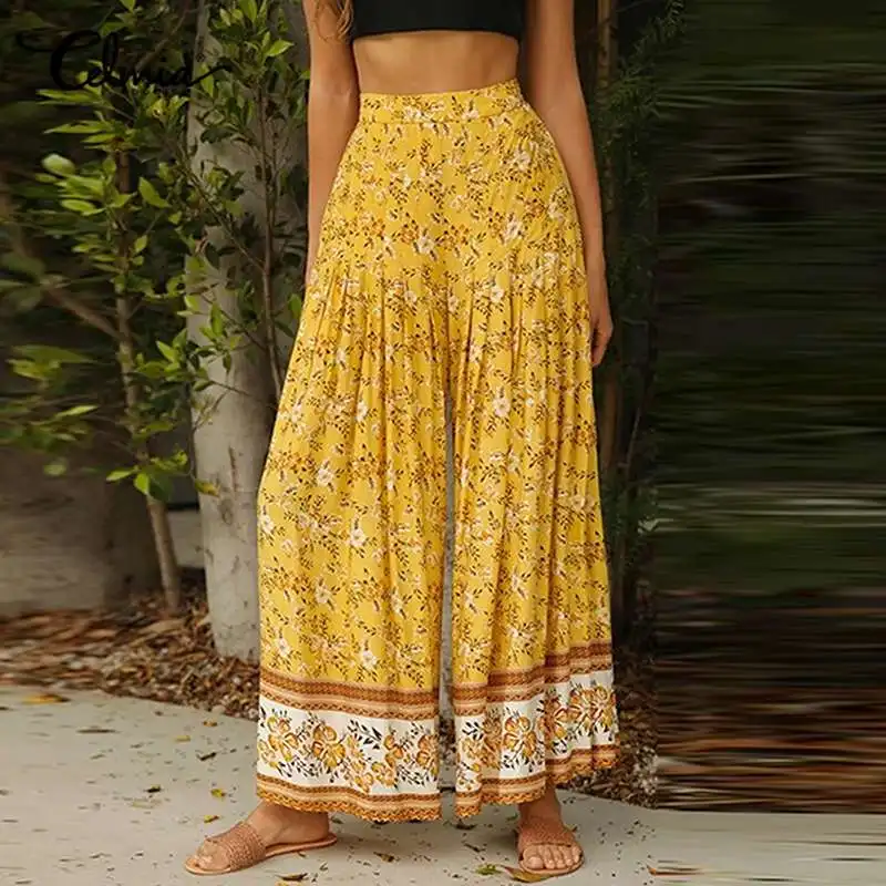 

Celmia Women Wide Leg Pants 2022 Summer Bohemian Floral Printed Elastic High Waist Long Trouser Casual Loose Pleated Pantalon
