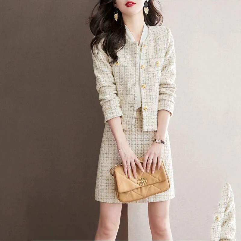 Женский твидовый комплект из 2 предметов в черно-белую клетку с курткой длинным