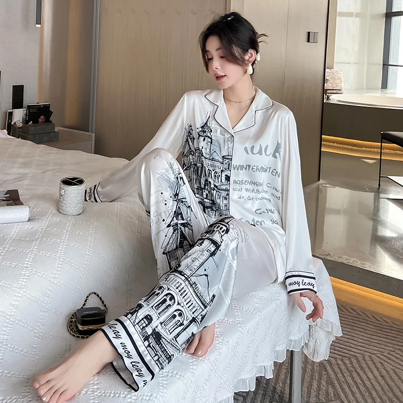 

Lounge Wear Casual Sleepwear Pajamas Set Female Satin Nightwear 2PCS Shirt&Pants Loose Intimate Lingerie Home Clothes Pyjamas