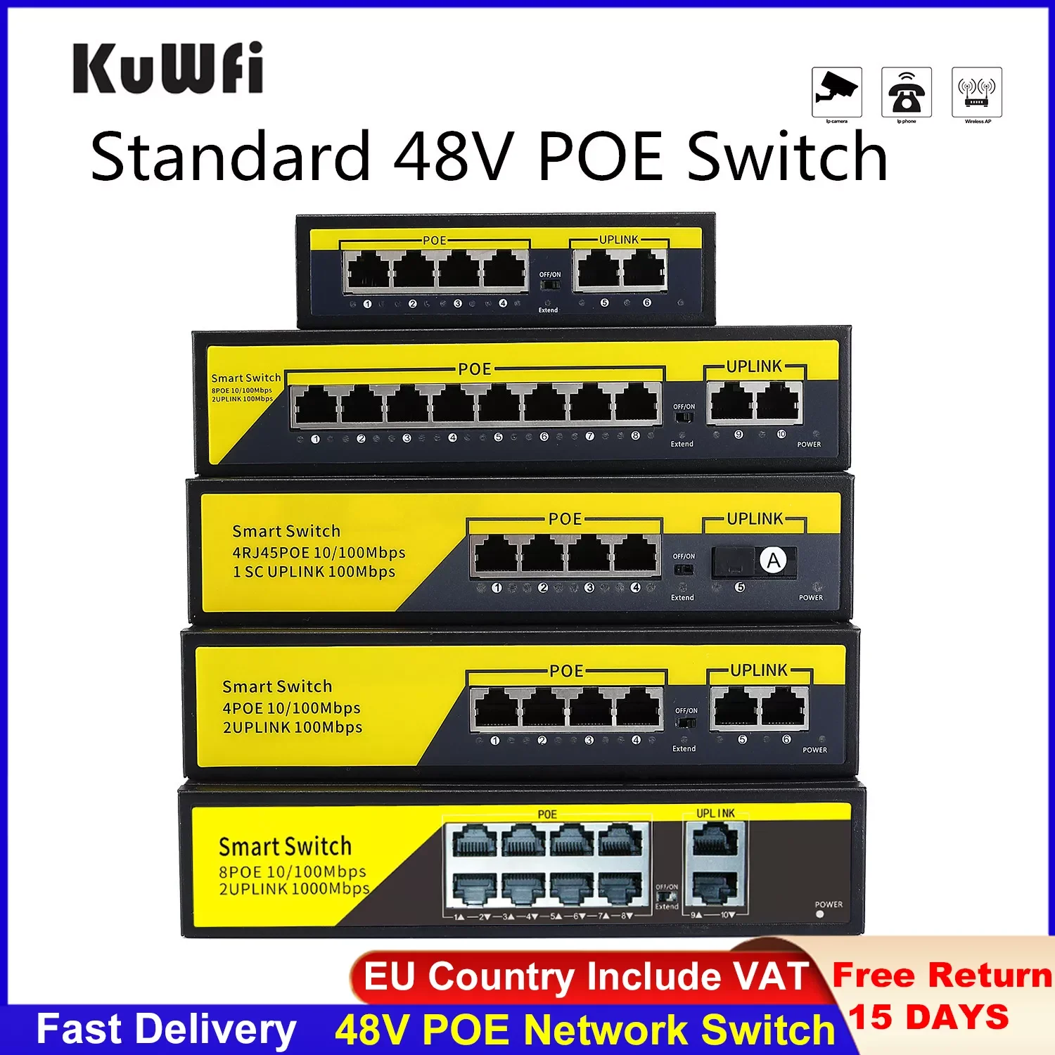 

POE Network Switch 10/100/1000Mbps Ethernet Switch 4Port/8Ports Network Switching Hub IEEE 802.3 AF/AT Switch for IP Camera
