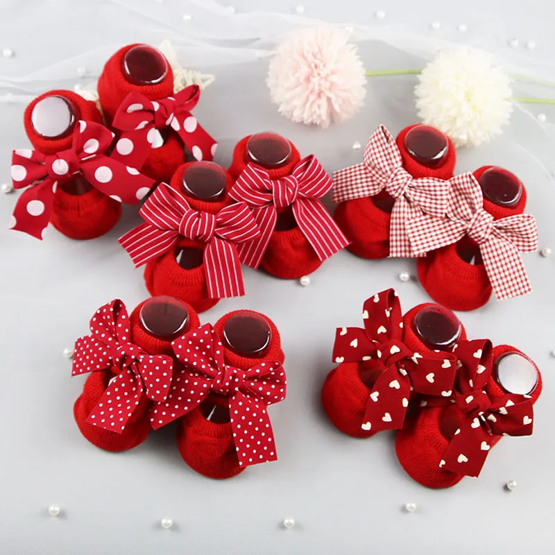 

Носки хлопковые для новорожденных, Нескользящие, с резиновой подошвой, с бантом, для детей, для пола, одежда для маленьких девочек