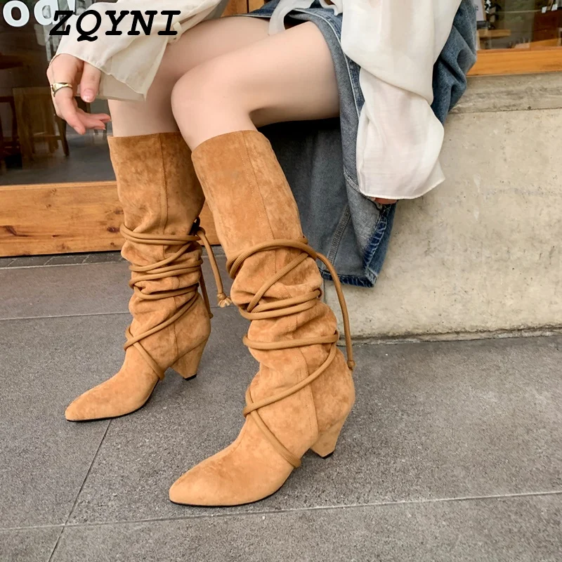 

ZQYNI autumn and winter warm fabric ankle boots women's thick-soled thick-soled high-heeled shoes black camel slip-on boots