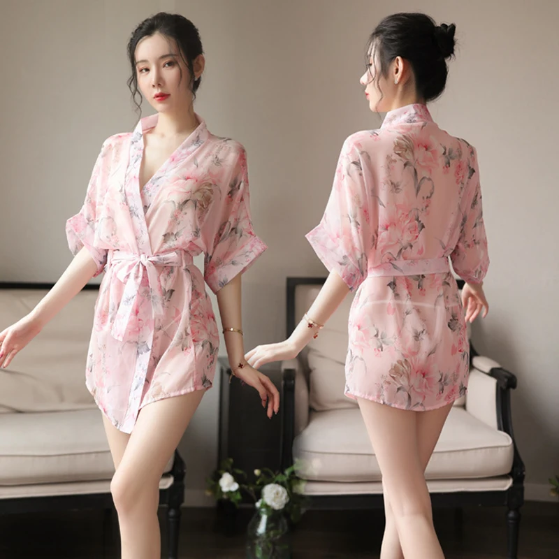 Women Robe Lace Sleepwear Lingerie Porno Kimono Bathrobe See Though Blouses Bridesmaid Nightgown Perspective Flower Home Clothes