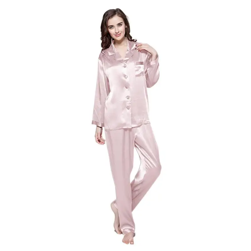 

Lady 100% Silk Long Sleeved Pajamas Set Full Length 22 Momme Mulberry Silk Pijama Feminino Leisure Pyjamas Solid Thin Sleepwear
