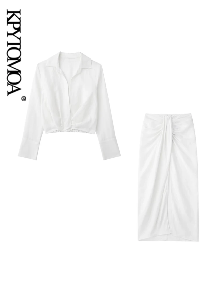 

KPYTOMOA Женская мода с узлом спереди со складками, юбка из искусственной льна с завышенной талией и молнией сзади, женские комплекты из двух пр...