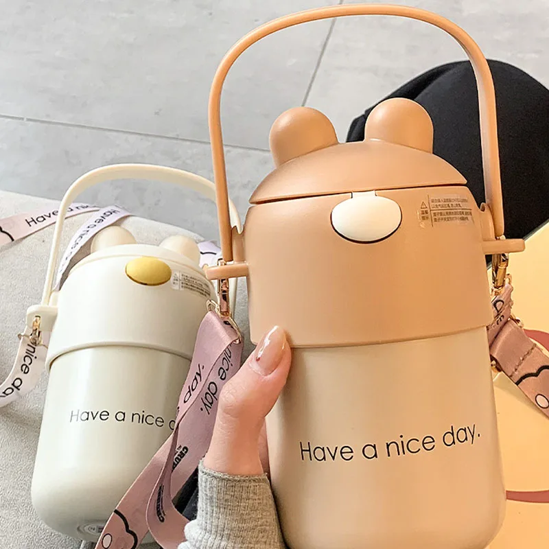 

600ml Stainless Steel Straw Water Bottle School Vacuum Flasks Children High Quality Thermoses Portable Leakproof Drinking Kettle