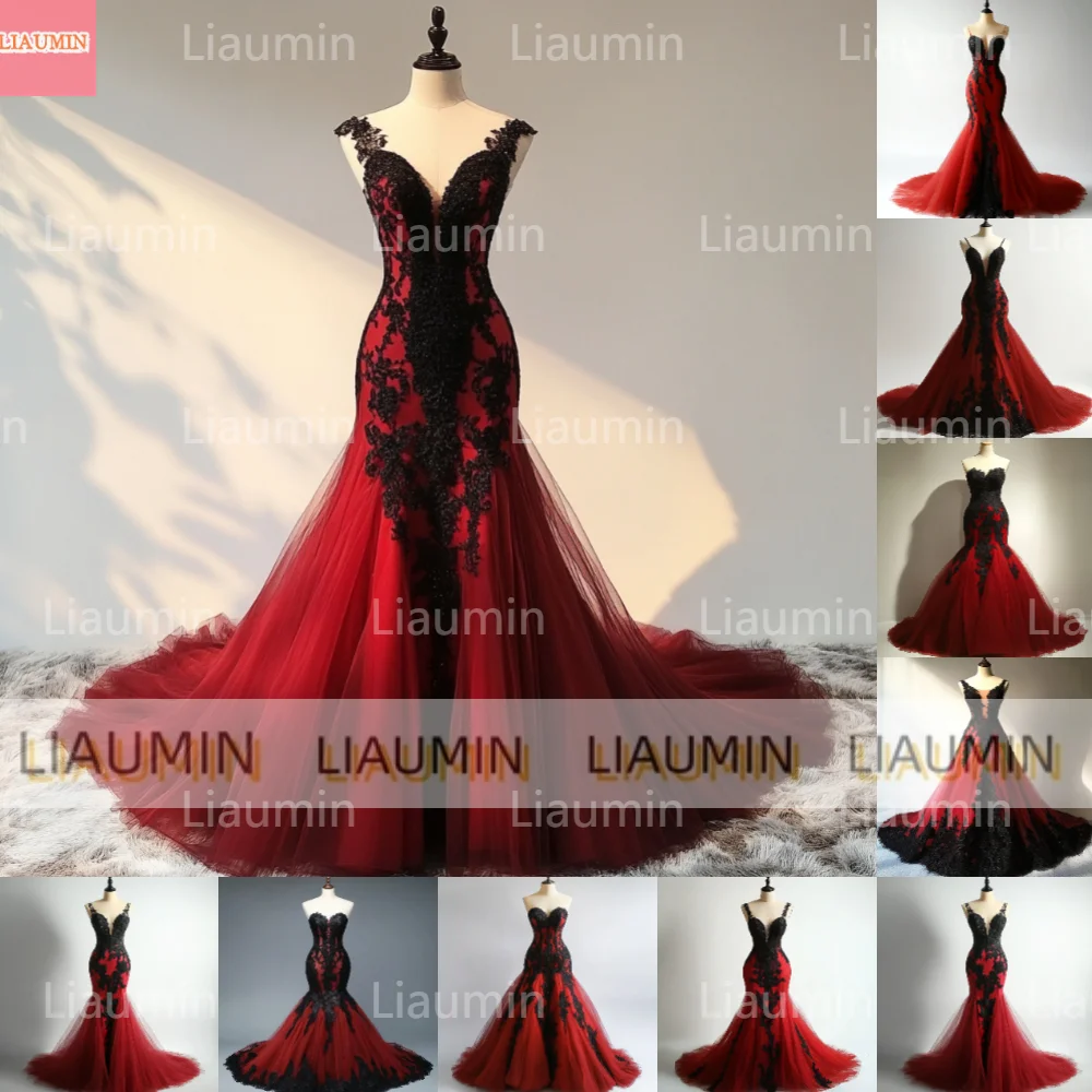 Классическое красное и черное бальное платье без бретелек с кружевной