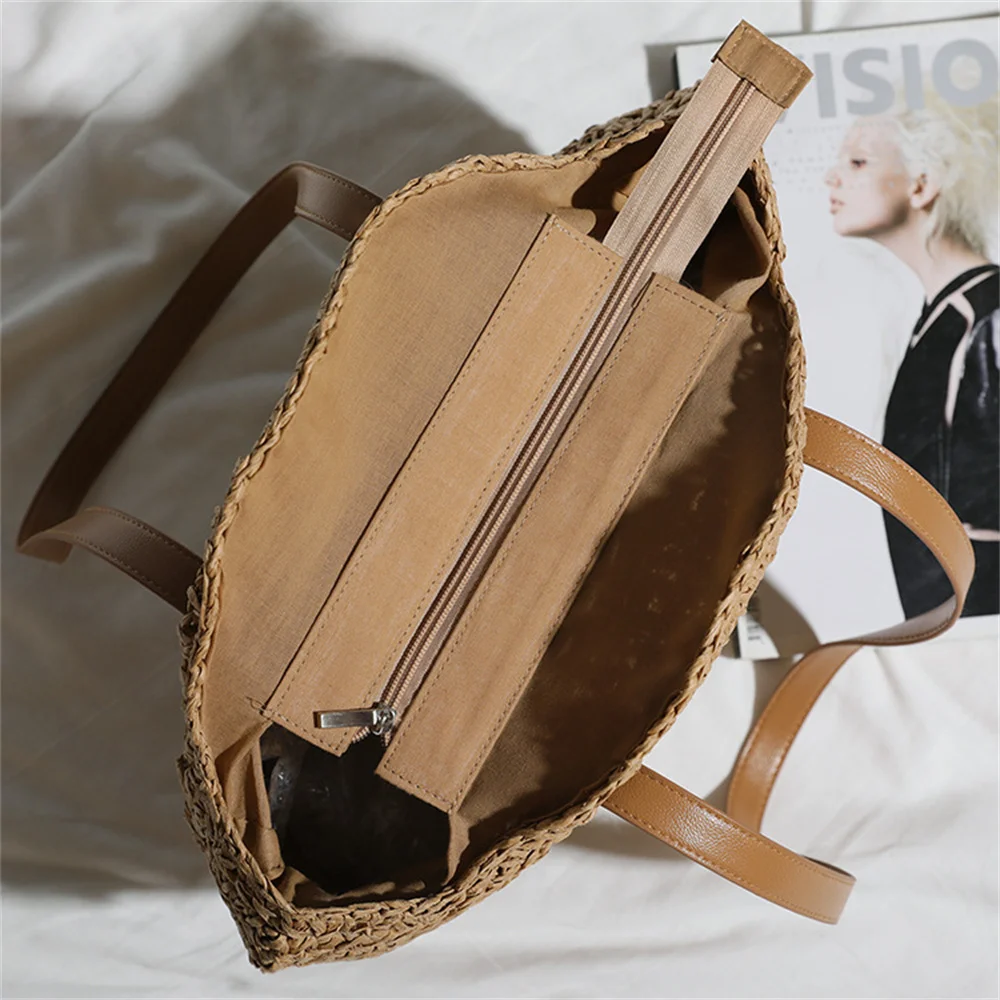 Straw Weaving Crossbody Bags Women Luxury Designer Beach Vacation Shoulder Bag Ladies Vintage Versatile Large Capacity Handbags