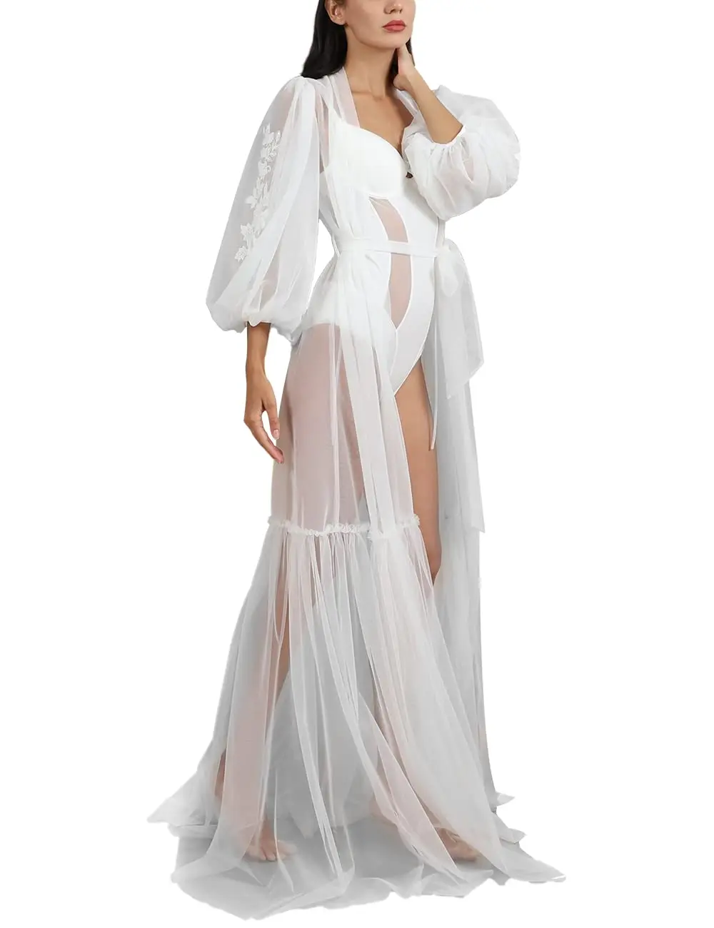 Women's Lace Long Robe Bridal Nightgown Sexy Sheer Boudoir Nightwear Long Sleeve Ladies Maxi Tulle Dress