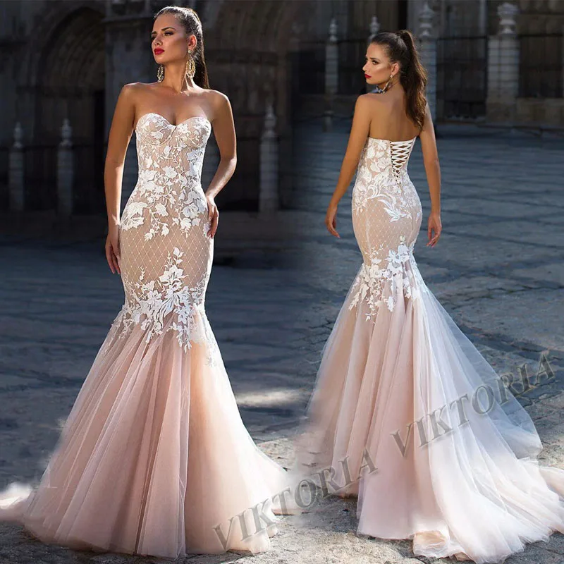 

VIKTORIA Modern Wedding Dresses 2022 Strapless Sweetheart Custom-Made Women Court Train LaceUp Mermaid Appliques Sleeveless