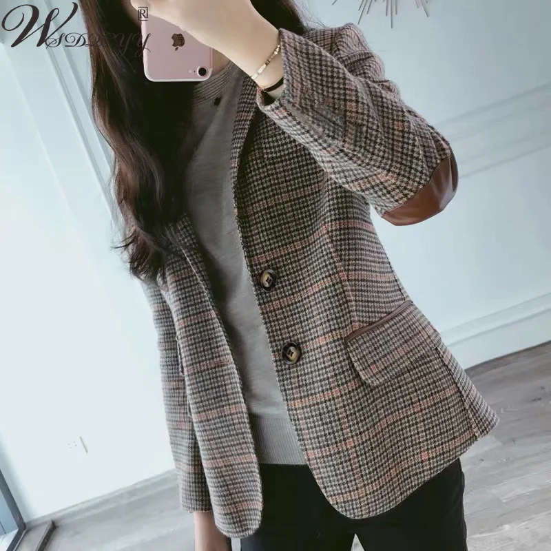 Vintage Business Interview Plaid Blazer Women French Style Long Sleeve Casual Suits Jacket Ladies Office Work Wear Outwear