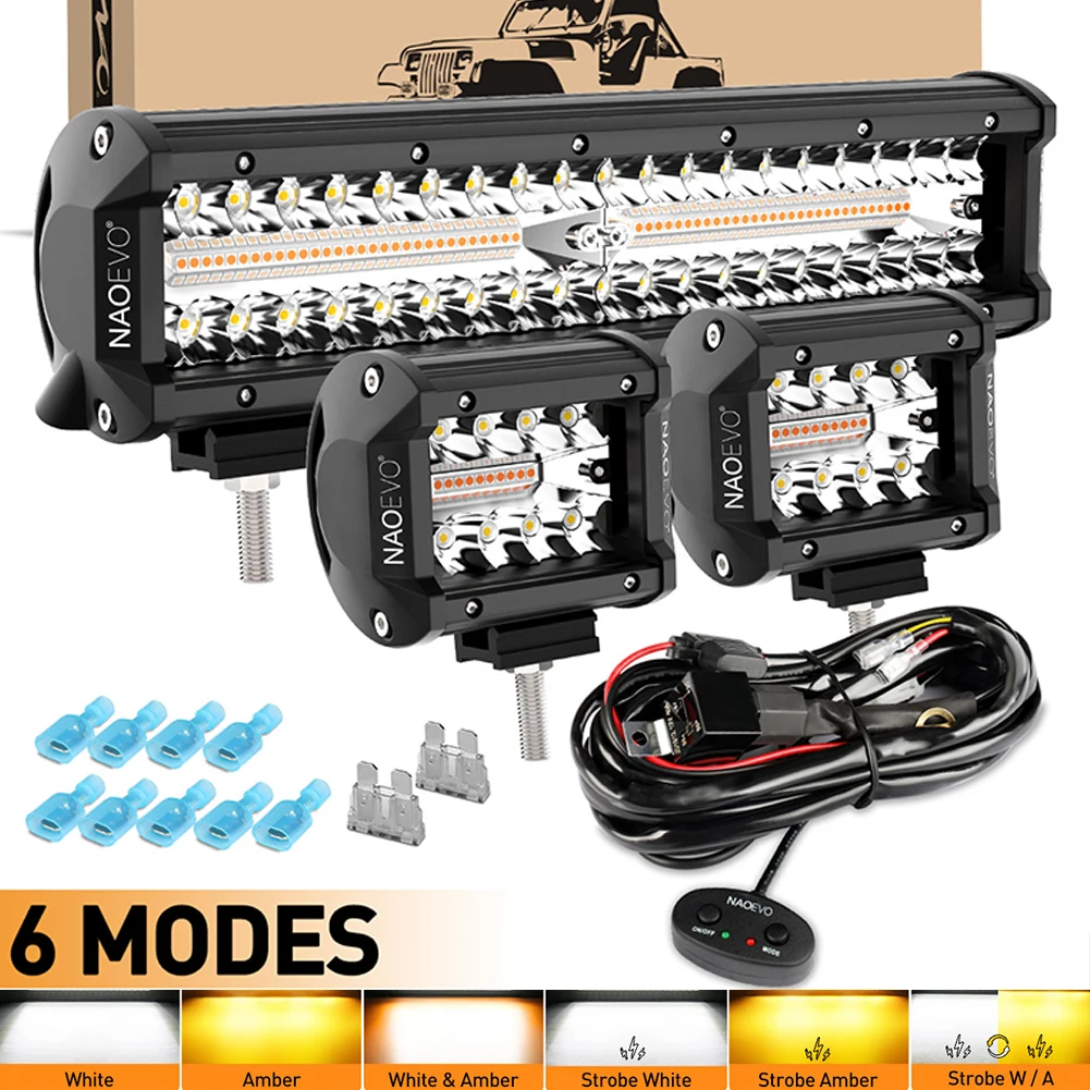 

NAOEVO 4" 12" 20 Inch 4x4 Off Road LED Light Bar Strobe 420W 12V Led Lighting Fog Driving 6 Modes Amber White For Tractor Jeep