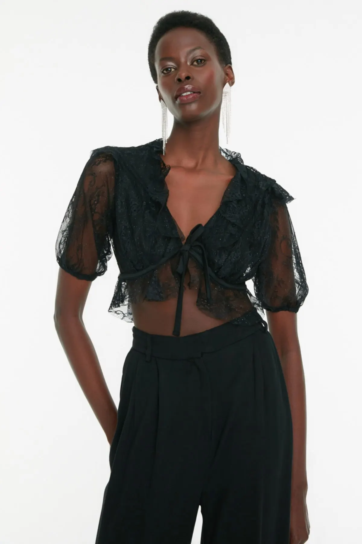 

Women's Summer Crop Top Blouse Black Glitter Lace Blouse Casual Tank Top Vest Blouse